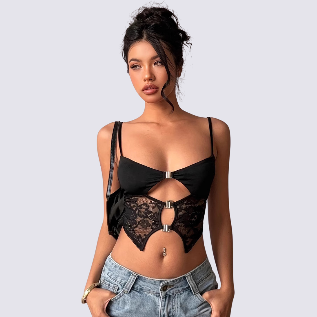 Black Lace Buckle Top