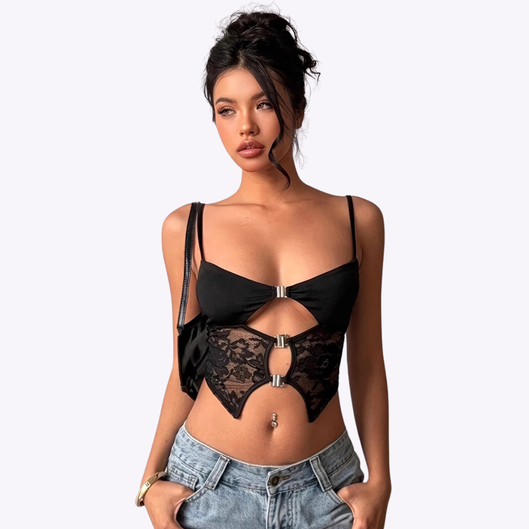 Black Lace Buckle Top