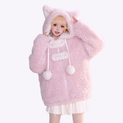 Image of Fluffy Bunny Ears Hooded Jacket