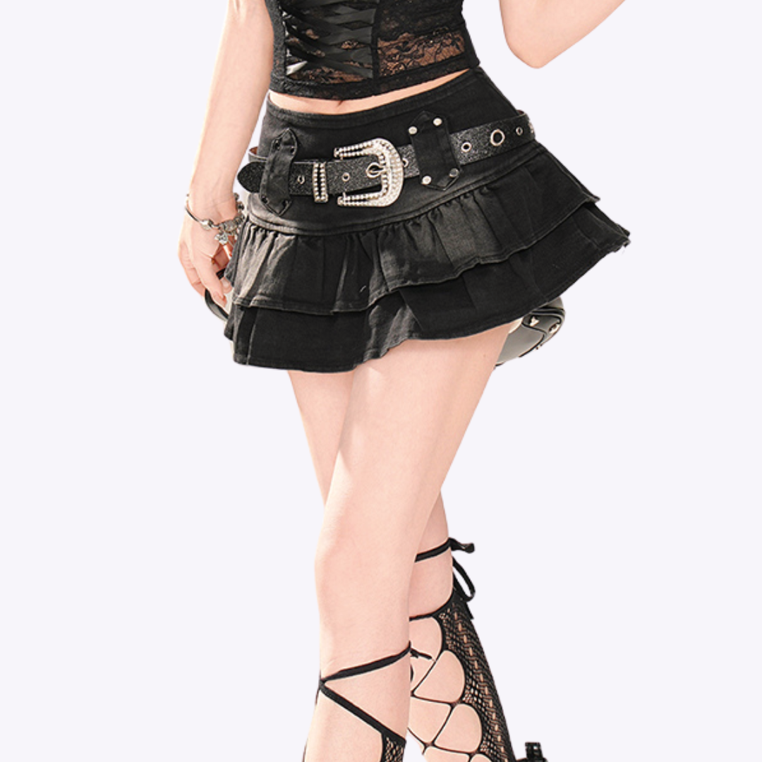 Image of Denim Mini Skirt with Buckle Belt