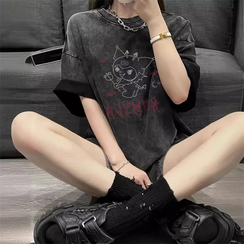 Oversized Kuromi Faded Black Tee