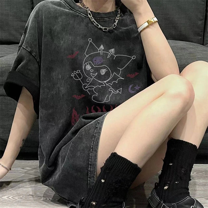 Oversized Kuromi Faded Black Tee