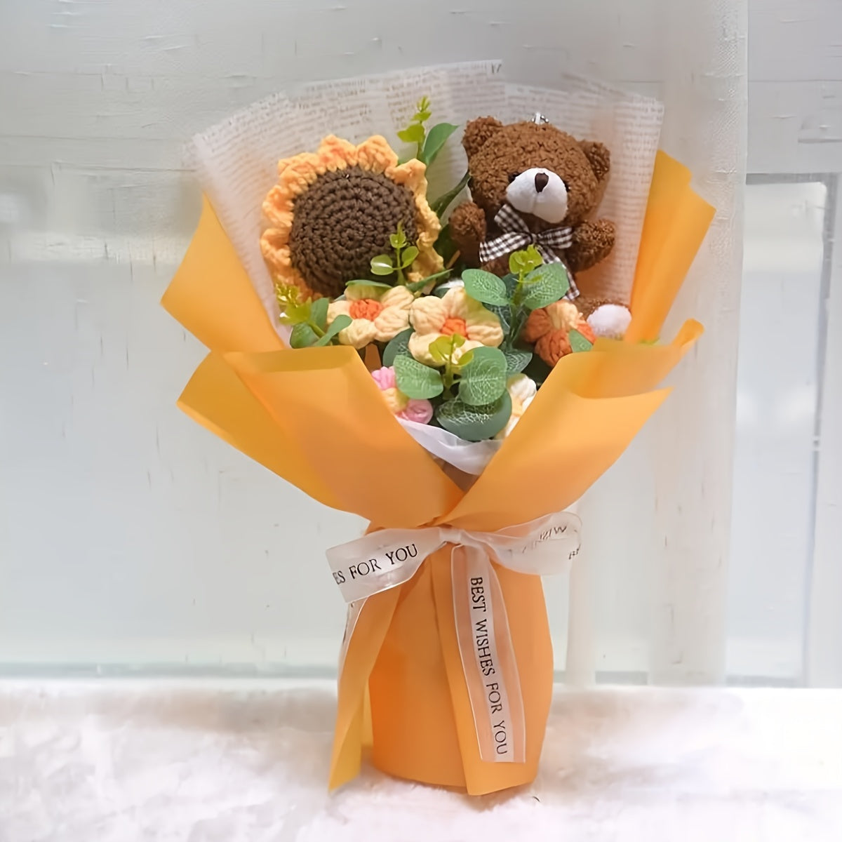 Knitted Bear & Sunflower Bouquet