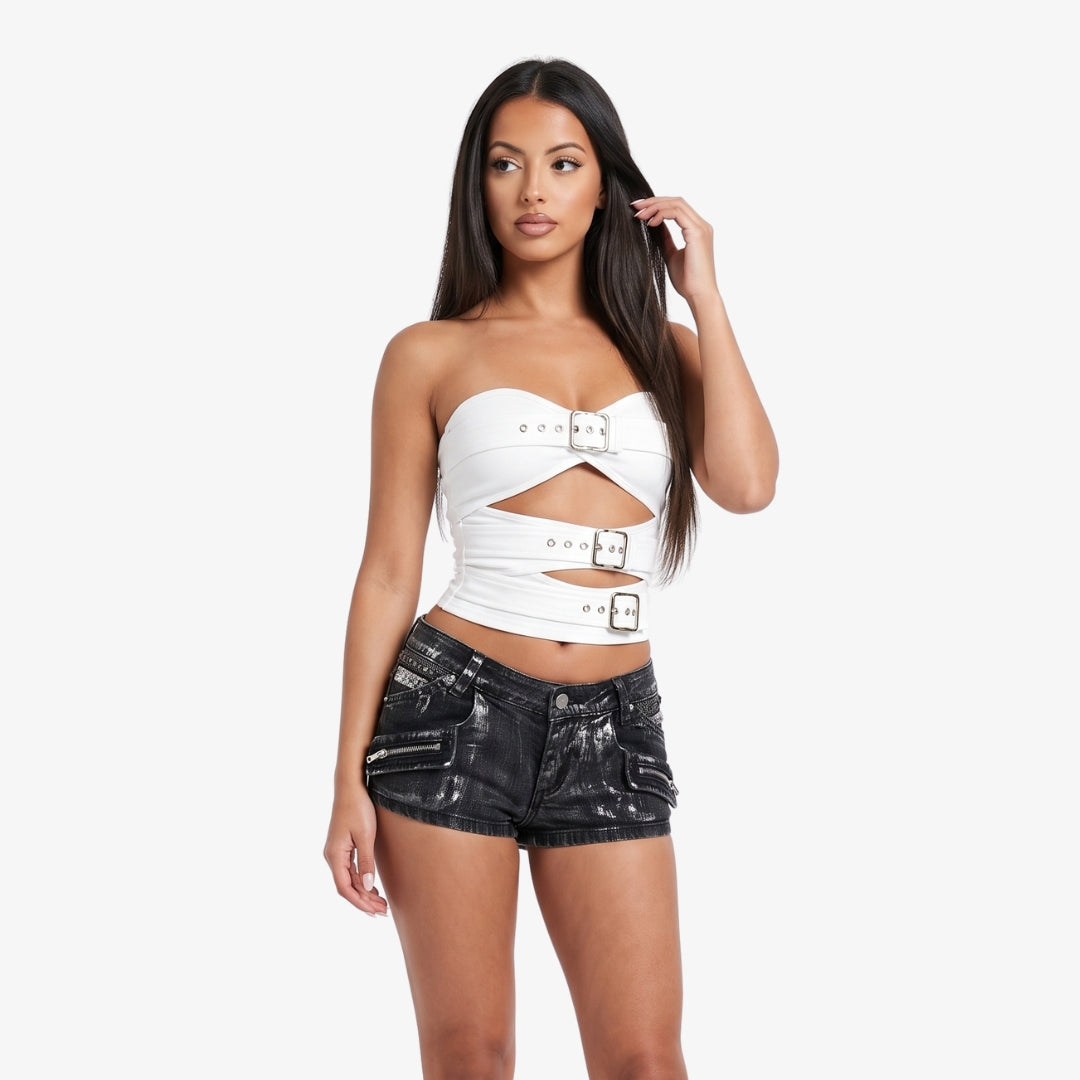 Image of Indira Metallic Denim Shorts