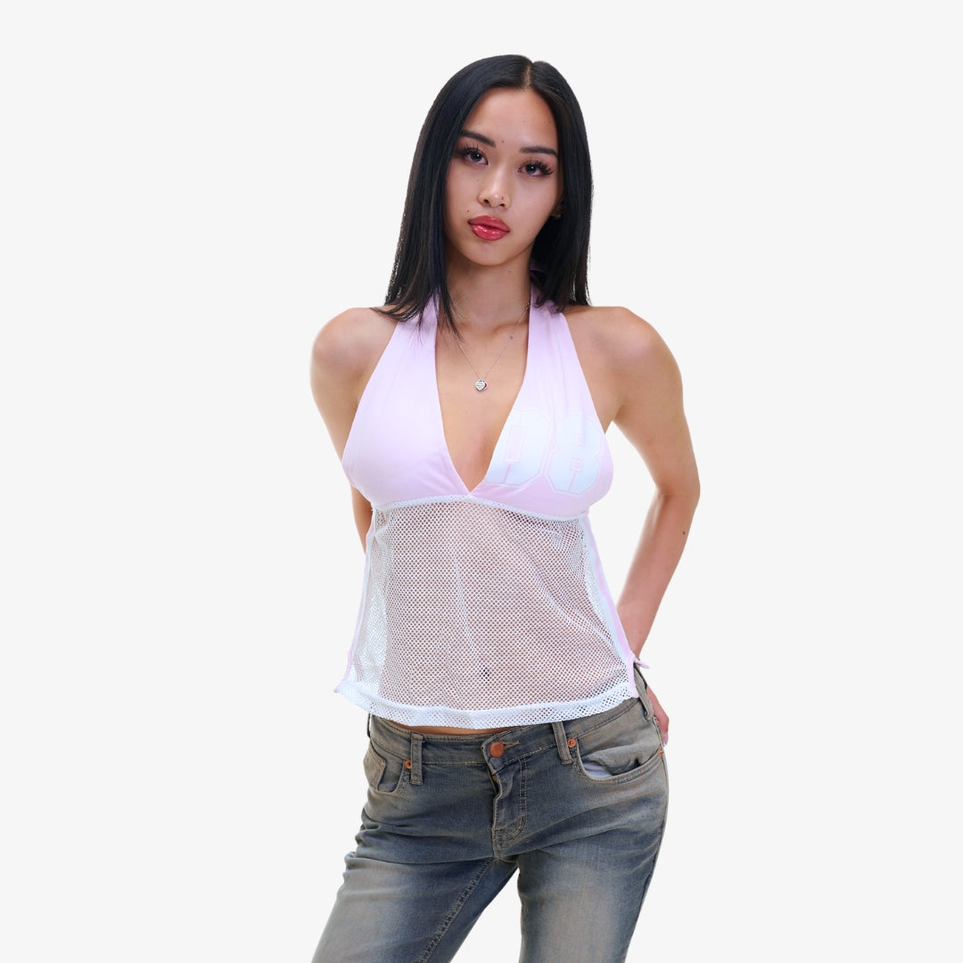 Pink Mesh-Accent Halter Top