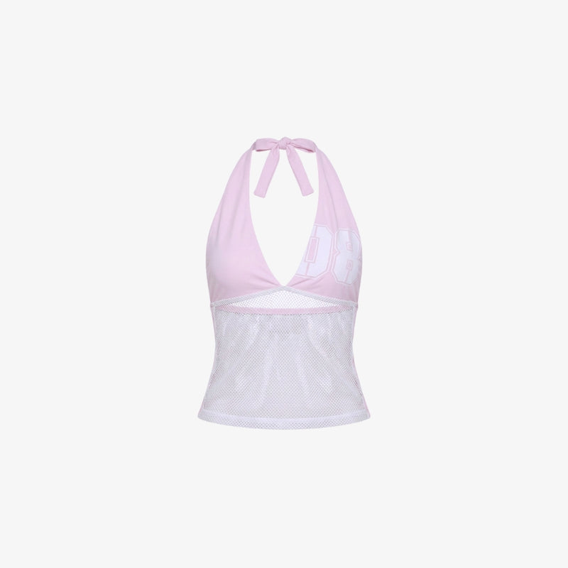 Pink Mesh-Accent Halter Top