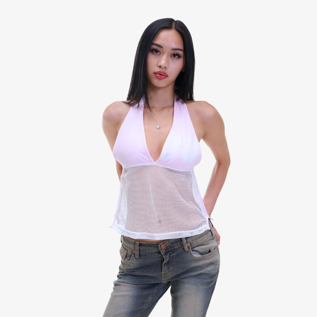 Pink Mesh-Accent Halter Top