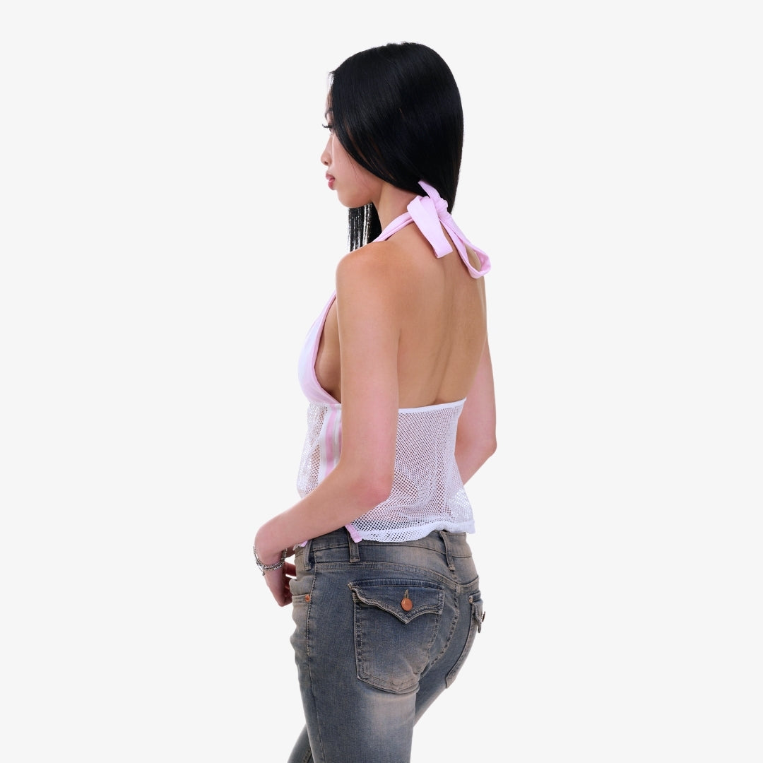 Image of Pink Mesh-Accent Halter Top